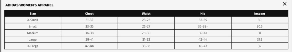 size chart adidas women